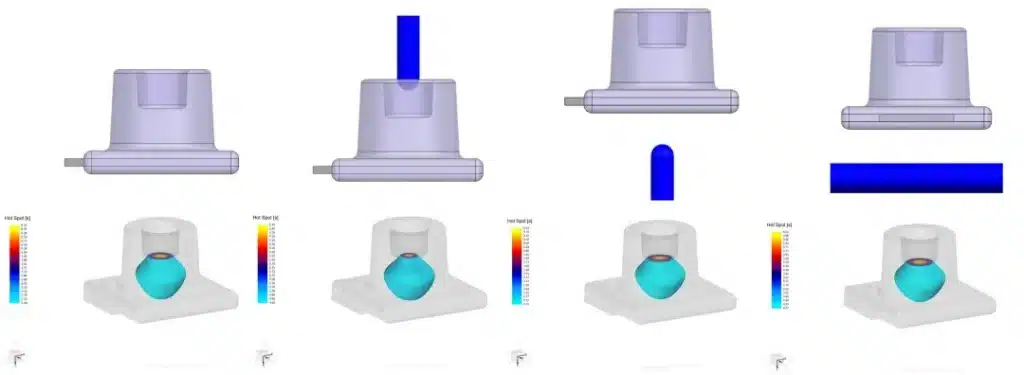 Séquence de simulation illustrant différentes configurations de refroidissement et d'alimentation pour réduire les points chauds dans un bossage de fonderie sous pression