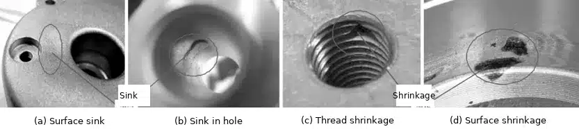 Examples of sink and shrinkage defects on die-cast parts, including surface sink, sink in hole, thread shrinkage, and surface shrinkage