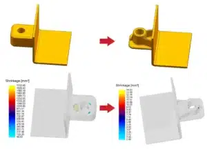 Before-and-after part design optimization showing reduced shrinkage porosity risk in die casting simulation