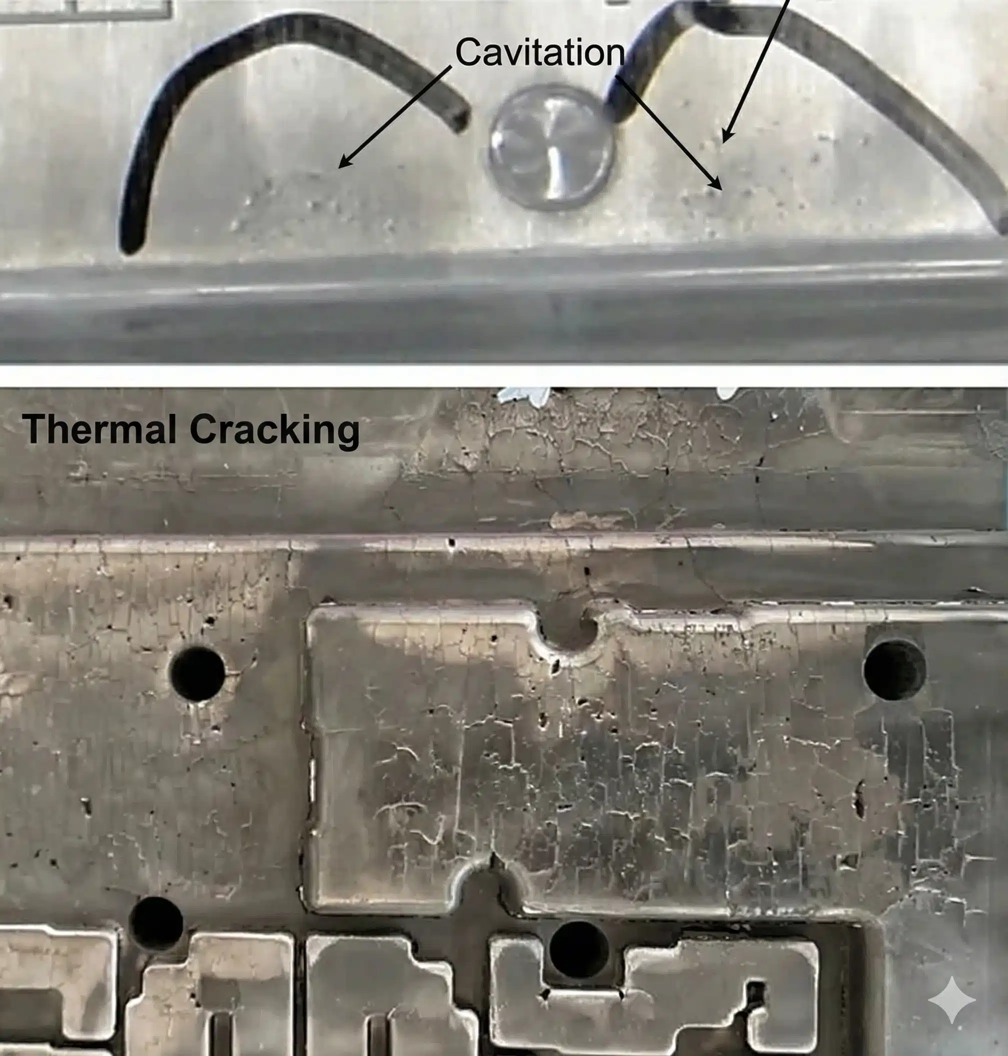 High pressure die casting mold steel surface showing cavitation pits near the gate and severe thermal cracking in the cavity region.