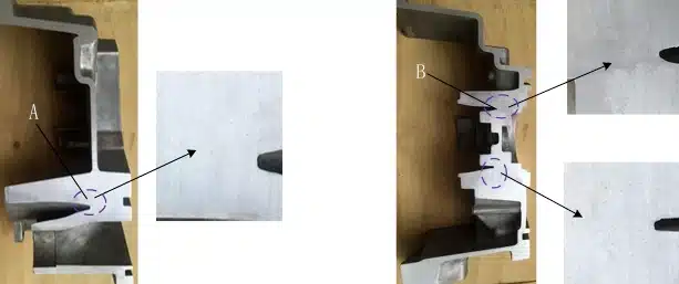 Improved die casting cross-sections showing shrinkage hotspots eliminated after optimization