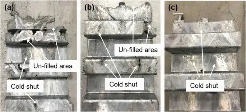 Three die-cast samples showing cold shut defects and un-filled areas (a–c)