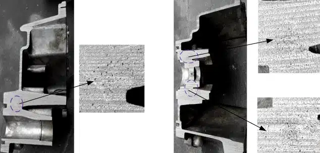 Sectioned die casting showing shrinkage porosity at hot-spot regions, with magnified microstructure insets