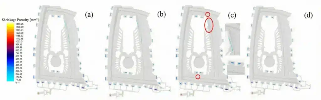 Distribution de la porosité de retrait dans une grande porte automobile moulée sous pression sous différentes pressions d'intensification