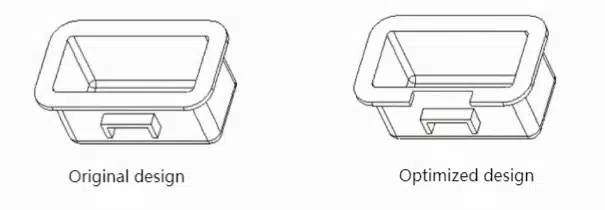 Die Casting Part Design: 14 Structural Principles for DFM & DFA 16 Die casting housing comparison showing an original design with an external side recess and an optimized design where the outer wall is reshaped to remove the undercut.