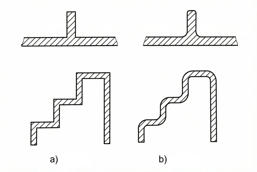 Die Casting Part Design: 14 Structural Principles for DFM & DFA 5 Die casting cross-sections comparing sharp internal corners in the original stepped design (a) with rounded internal fillets and smooth transitions in the improved design (b).