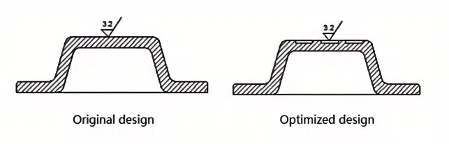 Die Casting Part Design: 14 Structural Principles for DFM & DFA 19 Die casting cross-section comparing an original design with a large machined top surface and an optimized design that reduces the machined area while keeping the functional plane.