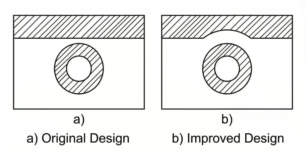 Die Casting Part Design: 14 Structural Principles for DFM & DFA 3 Die casting cross-section showing a circular boss under a thick top wall in the original design and an improved design with a relieved, curved top wall for more uniform thickness.