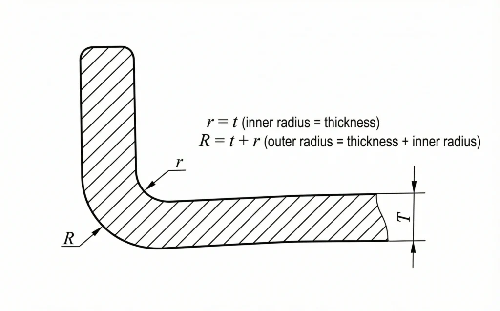 Die Casting Part Design: 14 Structural Principles for DFM & DFA 6 Die casting corner cross-section showing inner fillet radius r, outer radius R and wall thickness T with the relation r = T and R = T + r.