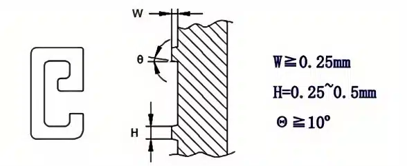 Die Casting Part Design: 14 Structural Principles for DFM & DFA 11 Die casting character design diagram showing a raised “C” and a section view with minimum letter width W ≥ 0.25 mm, height H = 0.25–0.5 mm, and draft angle θ ≥ 10°.