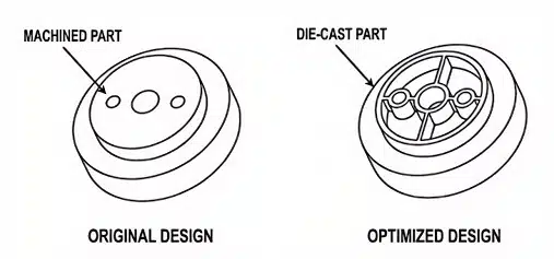Die Casting Part Design: 14 Structural Principles for DFM & DFA 20 Comparison of a solid machined disc-shaped part and an optimized die cast version with ribs and pockets used to reduce machining and overall part cost.