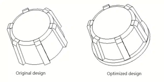 Die Casting Part Design: 14 Structural Principles for DFM & DFA 13 Die cast cylindrical part with external ribs, comparing an original design with a complex parting surface to an optimized design with a simplified parting ring for easier flash removal.