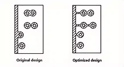 Die Casting Part Design: 14 Structural Principles for DFM & DFA 7 Die casting design comparison showing several support posts located close to the side wall in the original design and an optimized design where the posts are opened to the edge to avoid thin die walls and heavy sections.