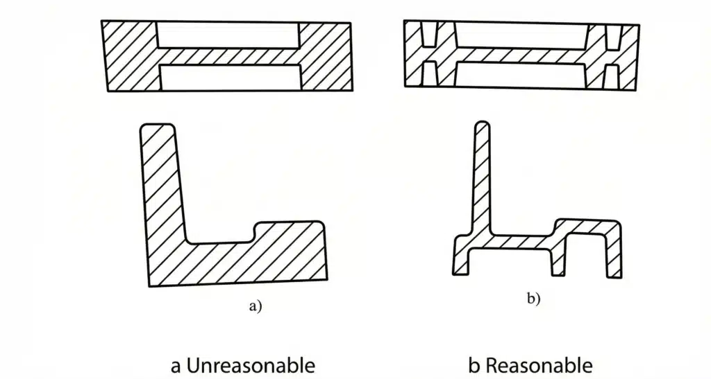 Die Casting Part Design: 14 Structural Principles for DFM & DFA 1 Cross-section comparison of die casting part design showing unreasonable thick wall section (a) versus optimized ribbed, uniform wall section (b).
