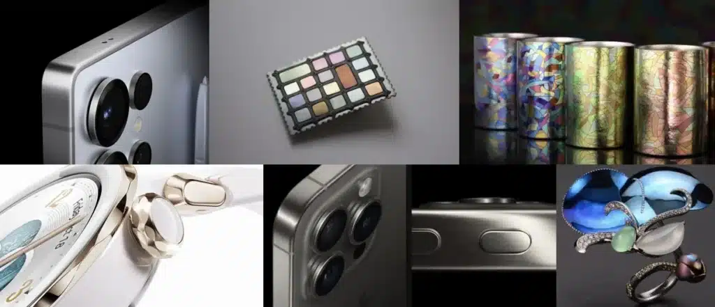 Examples of surface finishing processes on consumer products, including smartphones, watches, cups and jewelry with polished, brushed, anodized and PVD-coated metal surfaces