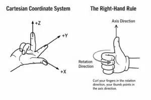 CNC machine coordinate system showing the X, Y and Z axes and the right-hand rule