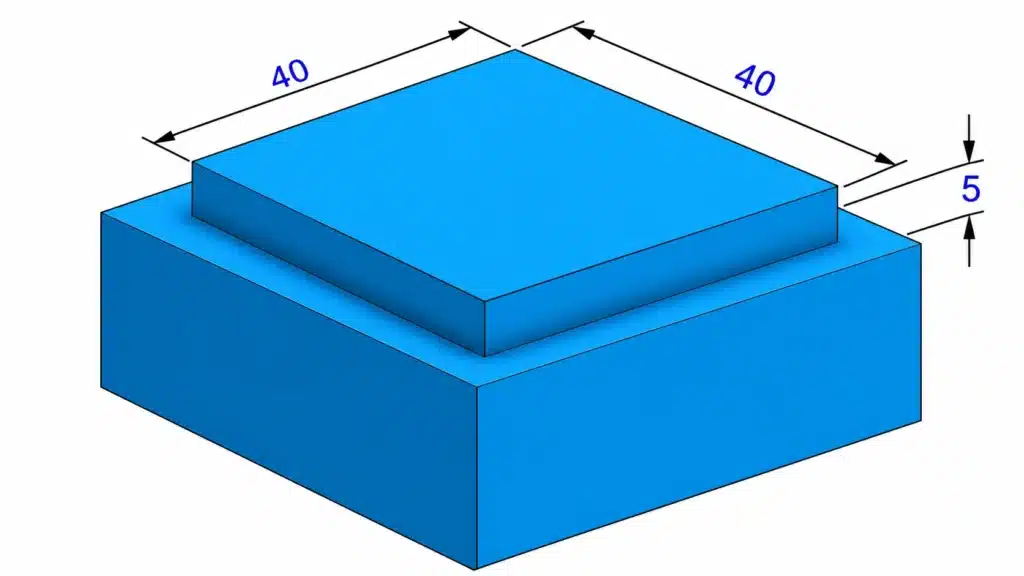Isometric blue block with a raised square pad labeled 40 × 40 and a step height of 5.