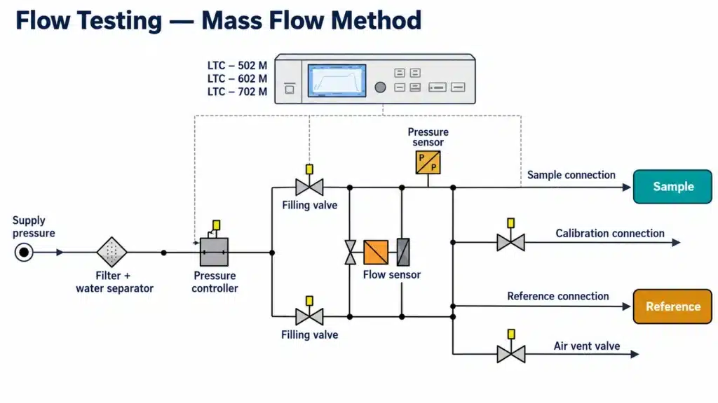 Die Casting Leak Testing: 3 Methods for Pressure-Tight Parts 4 Mass flow test diagram with filling valves, pressure and flow sensors, sample, and reference connections.