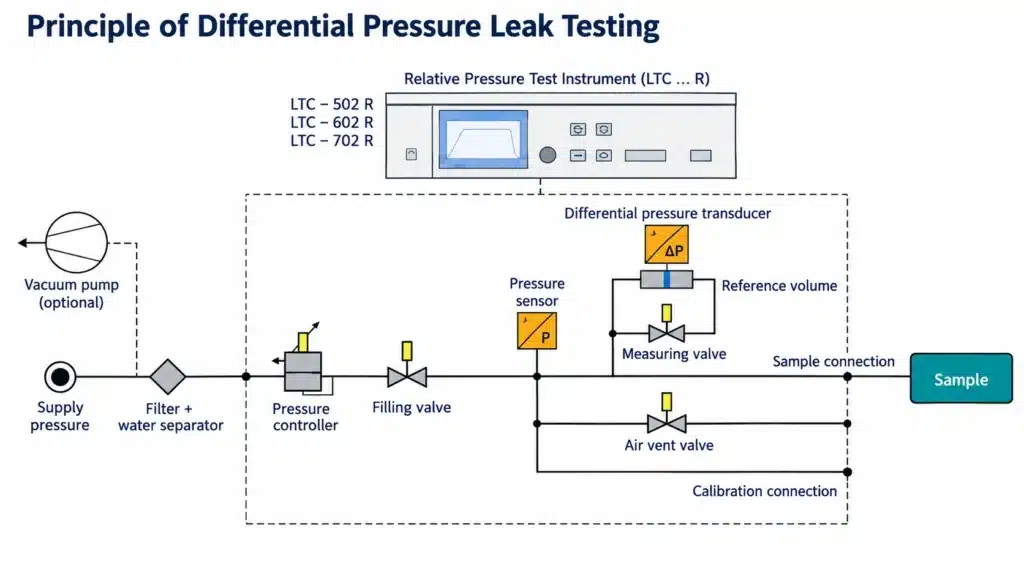 Die Casting Leak Testing: 3 Methods for Pressure-Tight Parts 2 Diagram of a differential pressure leak test comparing a test sample with a reference volume.