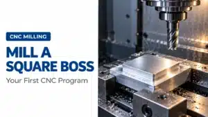 Cover for a first CNC program tutorial showing a square aluminum boss in a milling machine beneath an end mill.