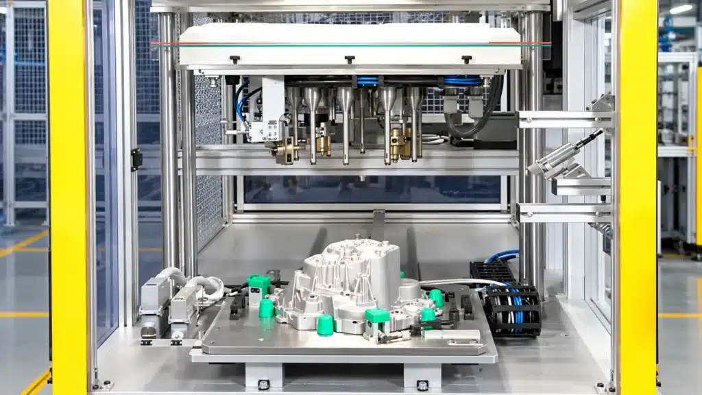 Die Casting Leak Testing: 3 Methods for Pressure-Tight Parts 6 Front view of an automated test machine with overhead probes above a metal housing on a fixture.