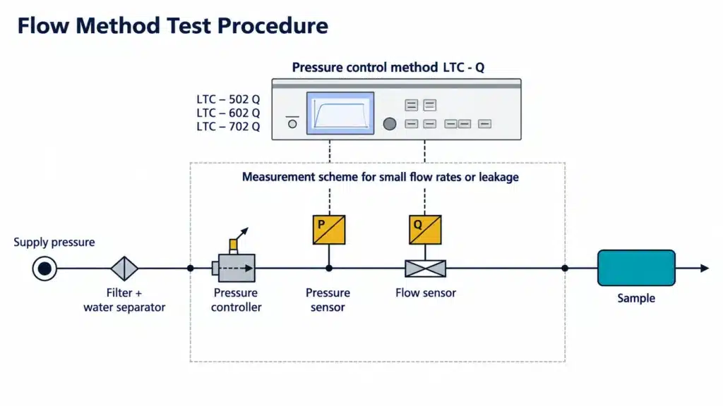 Die Casting Leak Testing: 3 Methods for Pressure-Tight Parts 3 Flow test diagram showing a pressure supply, controller, pressure sensor, flow sensor, and sample.