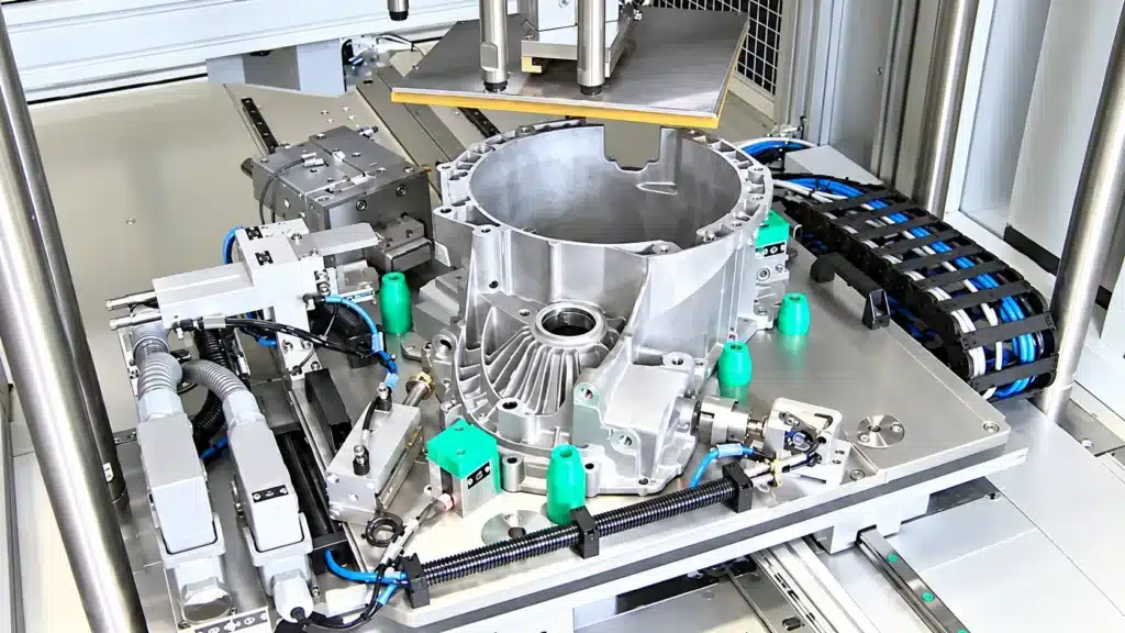 Die Casting Leak Testing: 3 Methods for Pressure-Tight Parts 7 Silver metal casting held in an industrial test fixture with clamps, sensors, and blue cables.