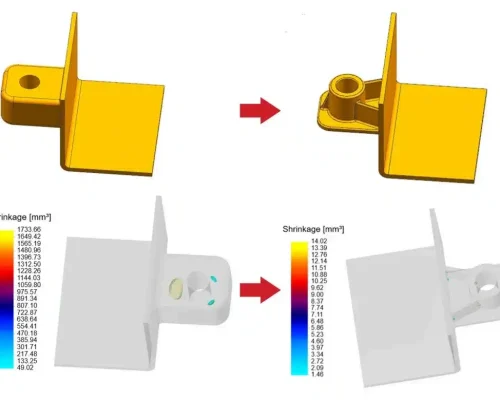 Optimisation de la conception des pièces avant et après optimisation montrant une réduction du risque de porosité de retrait dans la simulation de moulage sous pression