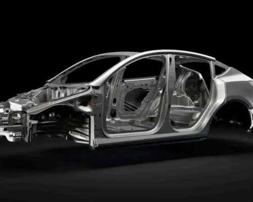 Estructura de carrocería en blanco de aluminio de un vehículo eléctrico moderno que utiliza grandes piezas fundidas a presión integradas.