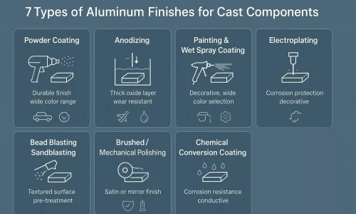 Horizontal infographic showcasing 7 aluminum finishes for cast components with minimal icons and descriptions on a blue-gray background.