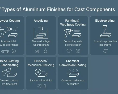Horizontal infographic showcasing 7 aluminum finishes for cast components with minimal icons and descriptions on a blue-gray background.