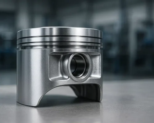 Studio-lit macro of a B390 aluminum die-cast piston with polished surface and wrist-pin bore, against a blurred workshop background.