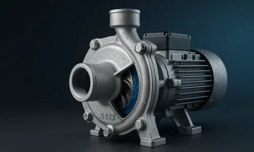 Centrifugal water pump with an A413 aluminum die-cast housing, water droplets on the volute, and a bronze impeller partially visible.