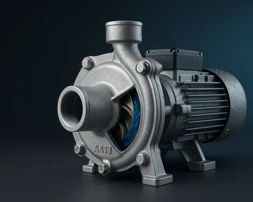 Centrifugal water pump with an A413 aluminum die-cast housing, water droplets on the volute, and a bronze impeller partially visible.