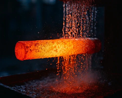 Realistic photo of Heat Treatment (aluminum heat treat) quenching: a red-hot aluminum bar passes through a water curtain, droplets and steam glowing against a dark factory background.