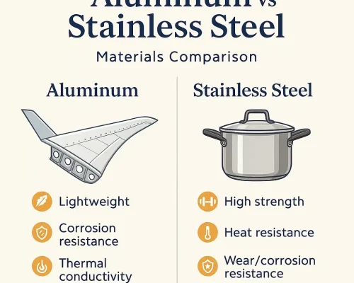Square blog cover comparing aluminum vs stainless steel: left shows an aircraft-wing icon with bullets “Lightweight • Corrosion resistance • Thermal conductivity”; right shows a stainless pot with bullets “High strength • Heat resistance • Wear/corrosion resistance.” Serif headings on a clean blue-gray palette with soft orange accents.