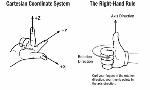 CNC machine coordinate system showing the X, Y and Z axes and the right-hand rule