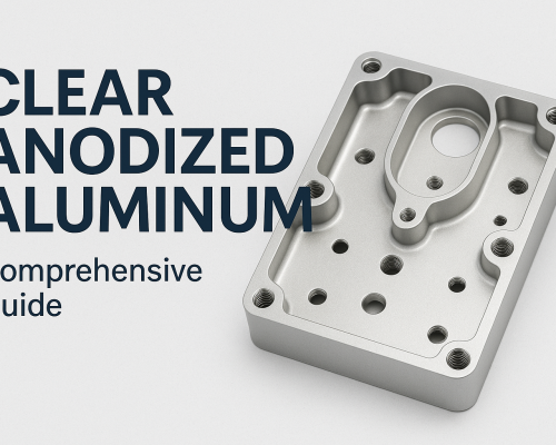 A close-up of a clear anodized aluminum die-cast component beside bold text reading “CLEAR ANODIZED ALUMINUM – Comprehensive Guide.”