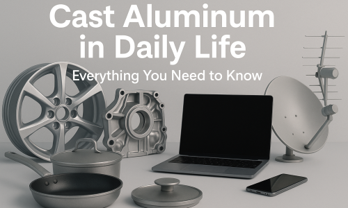 A neutral light-gray background with cast aluminum items—cookware, automotive wheel and engine part, a laptop, smartphone, and satellite dish—overlaid with large white text: "Cast Aluminum in Daily Life" and a subtitle "Everything You Need to Know."