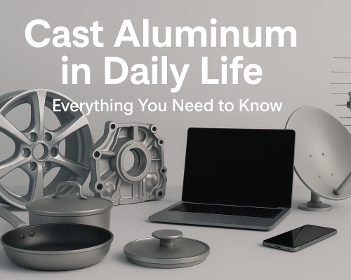 A neutral light-gray background with cast aluminum items—cookware, automotive wheel and engine part, a laptop, smartphone, and satellite dish—overlaid with large white text: "Cast Aluminum in Daily Life" and a subtitle "Everything You Need to Know."