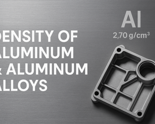 Brushed metallic background with the title “Density of Aluminum & Aluminum Alloys,” the chemical symbol “Al 2.70 g/cm³,” and a detailed aluminum die-cast component.
