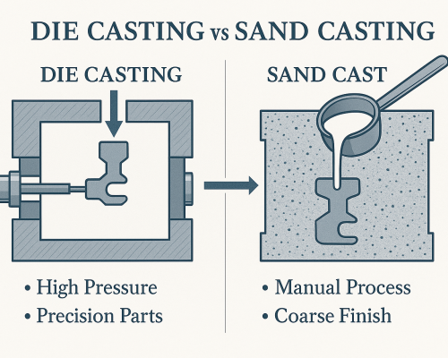 Side-by-side infographic die casting vs sand casting, showing high-pressure metal mold vs manual sand mold with labeled parts.