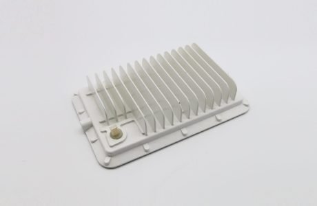 Aluminum die-cast filter housing with powder-coated surface finish.