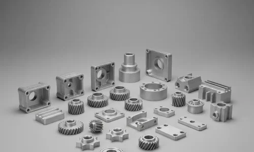Assorted zinc die-cast parts made from Zamak alloy 3 and Zamak 5—housings, gears, brackets, and plates—arranged on a neutral gray background in a catalog-style shot showing fine casting texture and machined features.