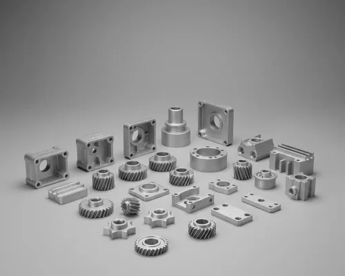 Assorted zinc die-cast parts made from Zamak alloy 3 and Zamak 5—housings, gears, brackets, and plates—arranged on a neutral gray background in a catalog-style shot showing fine casting texture and machined features.