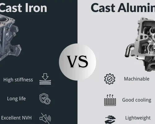 Cast aluminum vs cast iron split image of engine parts with icons for stiffness, durability, NVH, machinability, cooling, and lightweight.