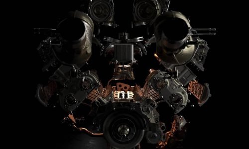 Exploded view of the Lamborghini TEMERARIO engine on a black background, showing symmetrically arranged components with illuminated cast-aluminum housings, covers, and structural parts.
