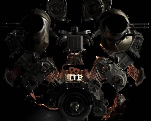 Exploded view of the Lamborghini TEMERARIO engine on a black background, showing symmetrically arranged components with illuminated cast-aluminum housings, covers, and structural parts.