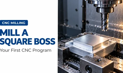 Cover for a first CNC program tutorial showing a square aluminum boss in a milling machine beneath an end mill.