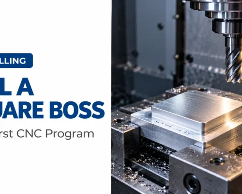 Cover for a first CNC program tutorial showing a square aluminum boss in a milling machine beneath an end mill.
